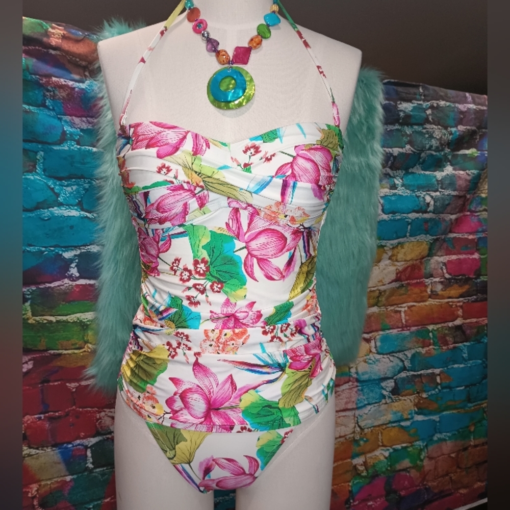 White Floral Tropical Print Tankini Swimsuit Size, See Measurements